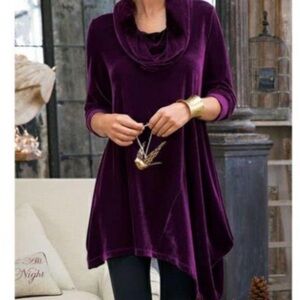 Soft Surroundings Velvet Tunic Top Small Cowl Neck Asymmetrical Burgundy